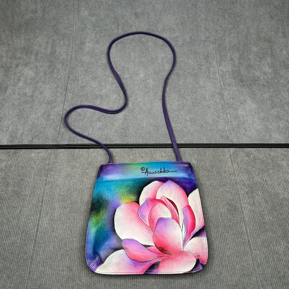 Anuschka Hand Painted Leather Crossbody Bag Purple Floral Magnolia Square S Y2k